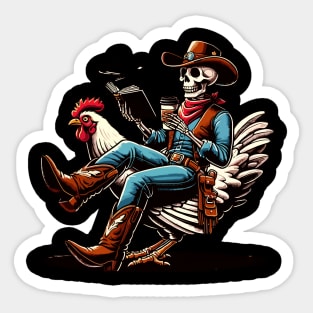 Cowboy Skeleton Reading Book And Drinking Coffee With A Chicken Sticker